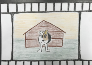 Kadr z filmu animowanego „Reksio”. Łaciaty pies wychodzący z budy. Praca wykonana kredkami ołówkowymi.